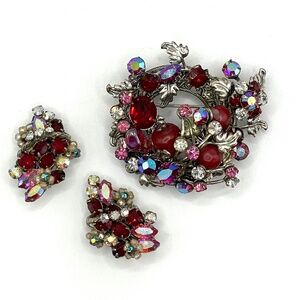 Original by Robert Signed Vintage Red Pink AB Rhinestone Brooch Earrings Set